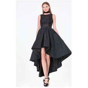 Hi-low black dress, mesh top w/ bralette